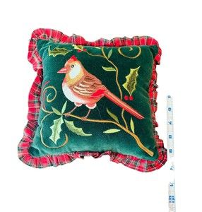Vintage Cardinal Christmas Embroidered Throw Pillow Red Bird Ruffle